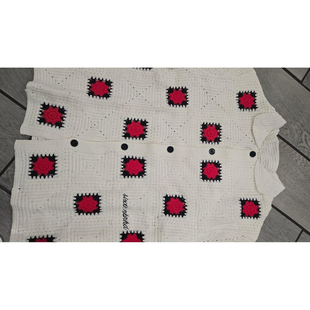 6thNBRHD Bazzar Woven Crochet Shirt Cream Pink Black Floral Granny Square Med M - Picture 5 of 6